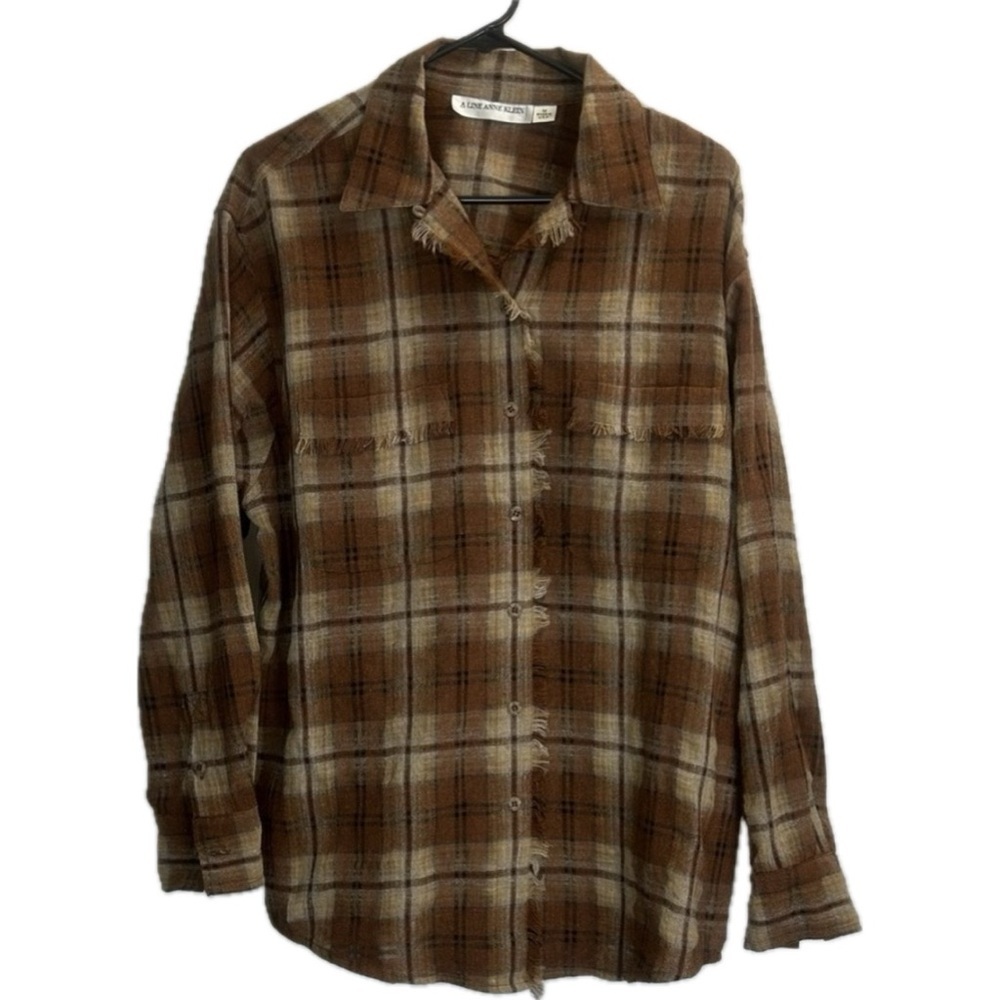 Vintage Anne Klein A Line Plaid Fringe Button Up Long Sleeve Shirt Made in USA